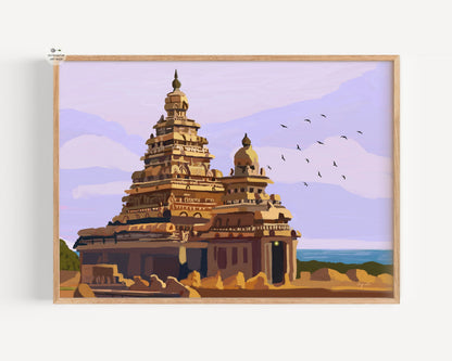 Hand illustrated Shore Temple Mahabalipuram fine art print with soft coastal sky and historic Tamil architecture