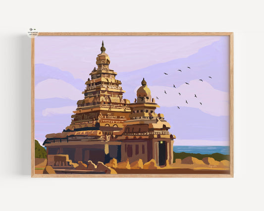Hand illustrated Shore Temple Mahabalipuram fine art print with soft coastal sky and historic Tamil architecture