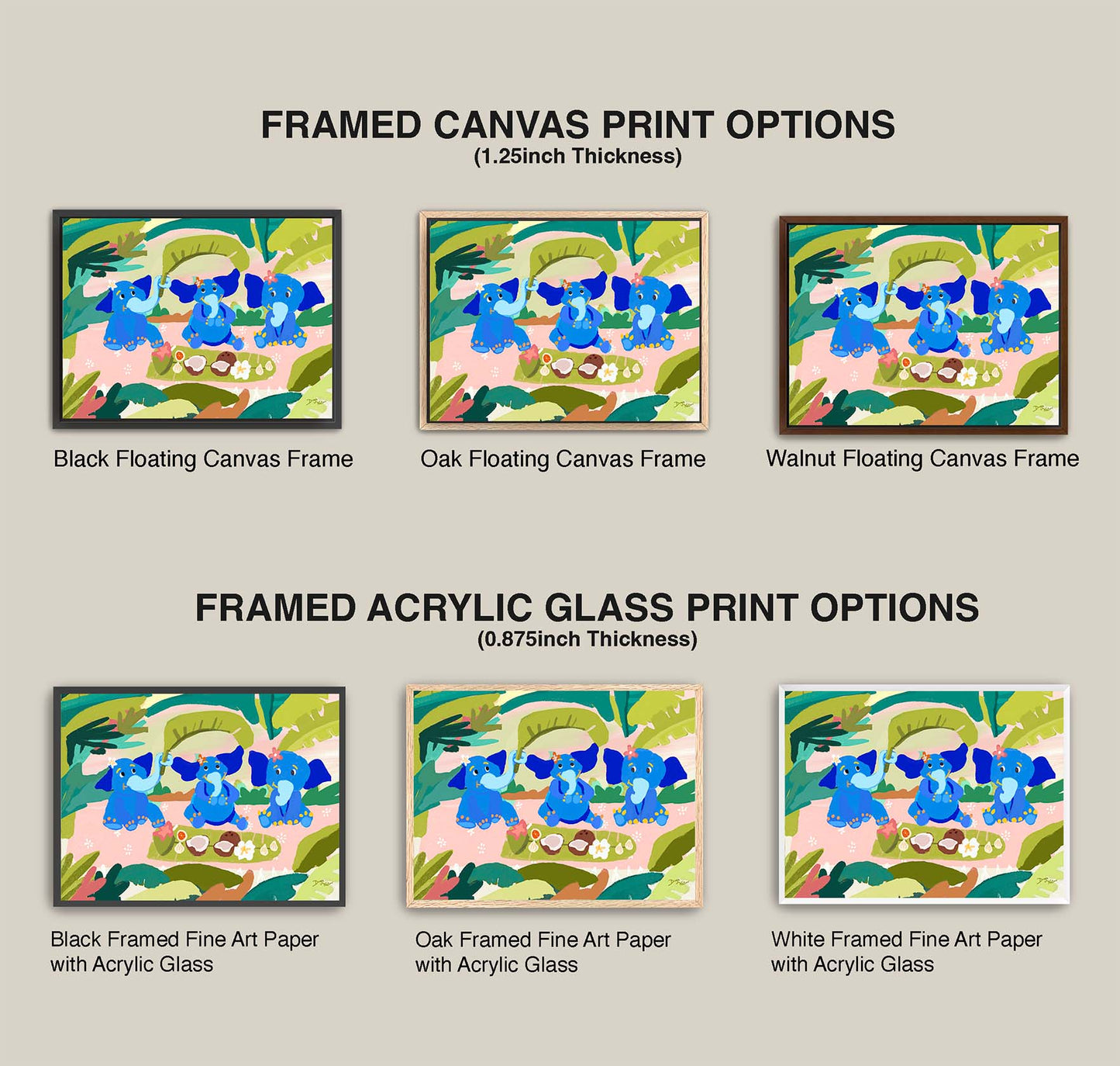 Comparison of framed canvas and acrylic glass print options with elephant artwork.