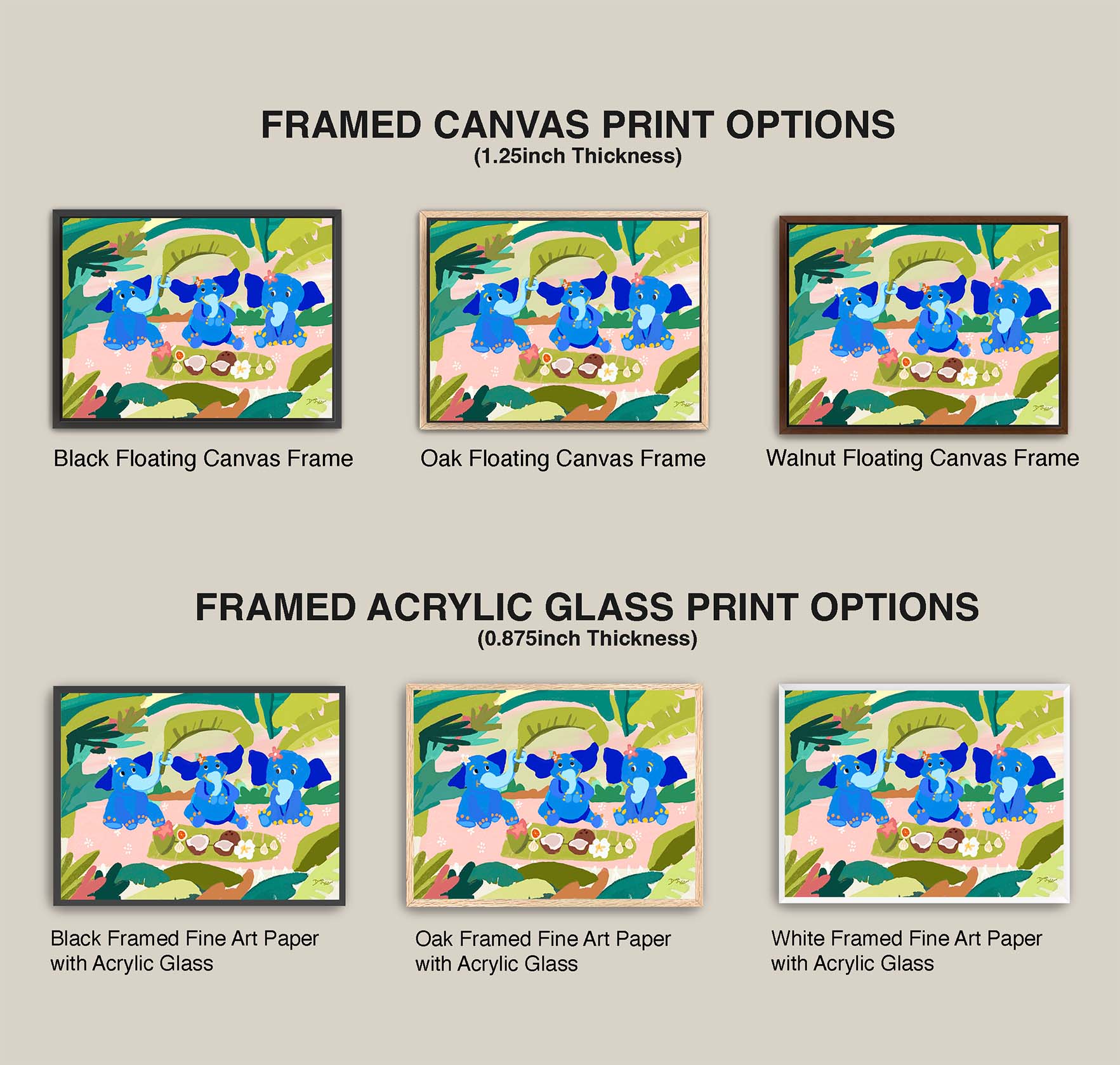 Comparison of framed canvas and acrylic glass print options with elephant artwork.