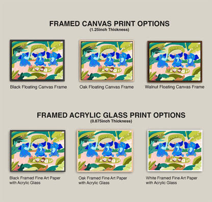 Comparison of framed canvas and acrylic glass print options with elephant artwork.