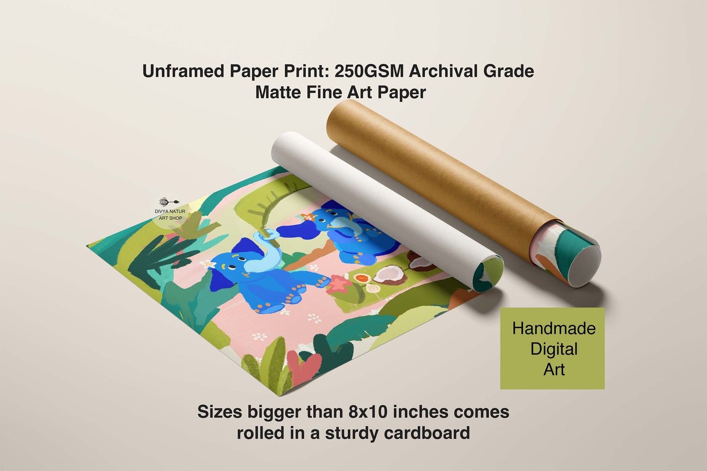 Unframed paper print with a colorful design on a beige background