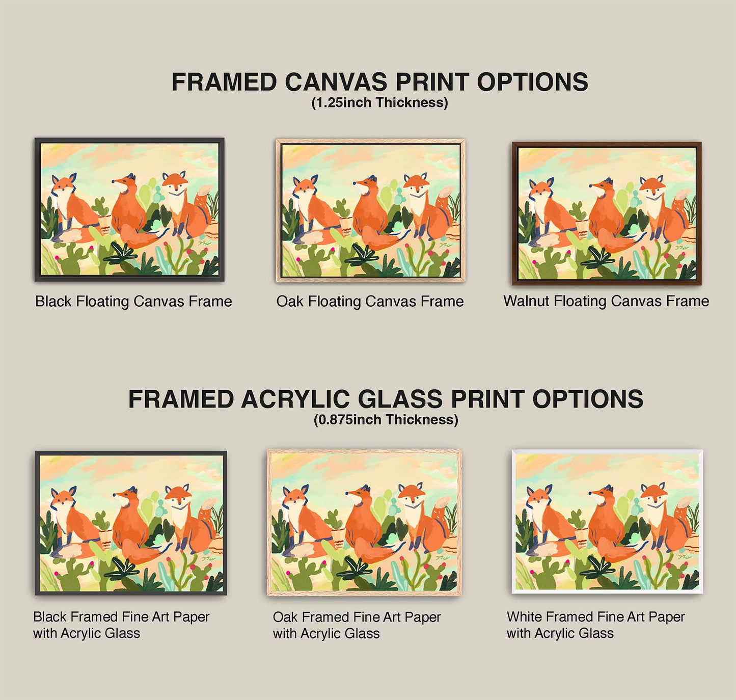 Comparison of framed canvas and acrylic glass print options with fox illustrations.