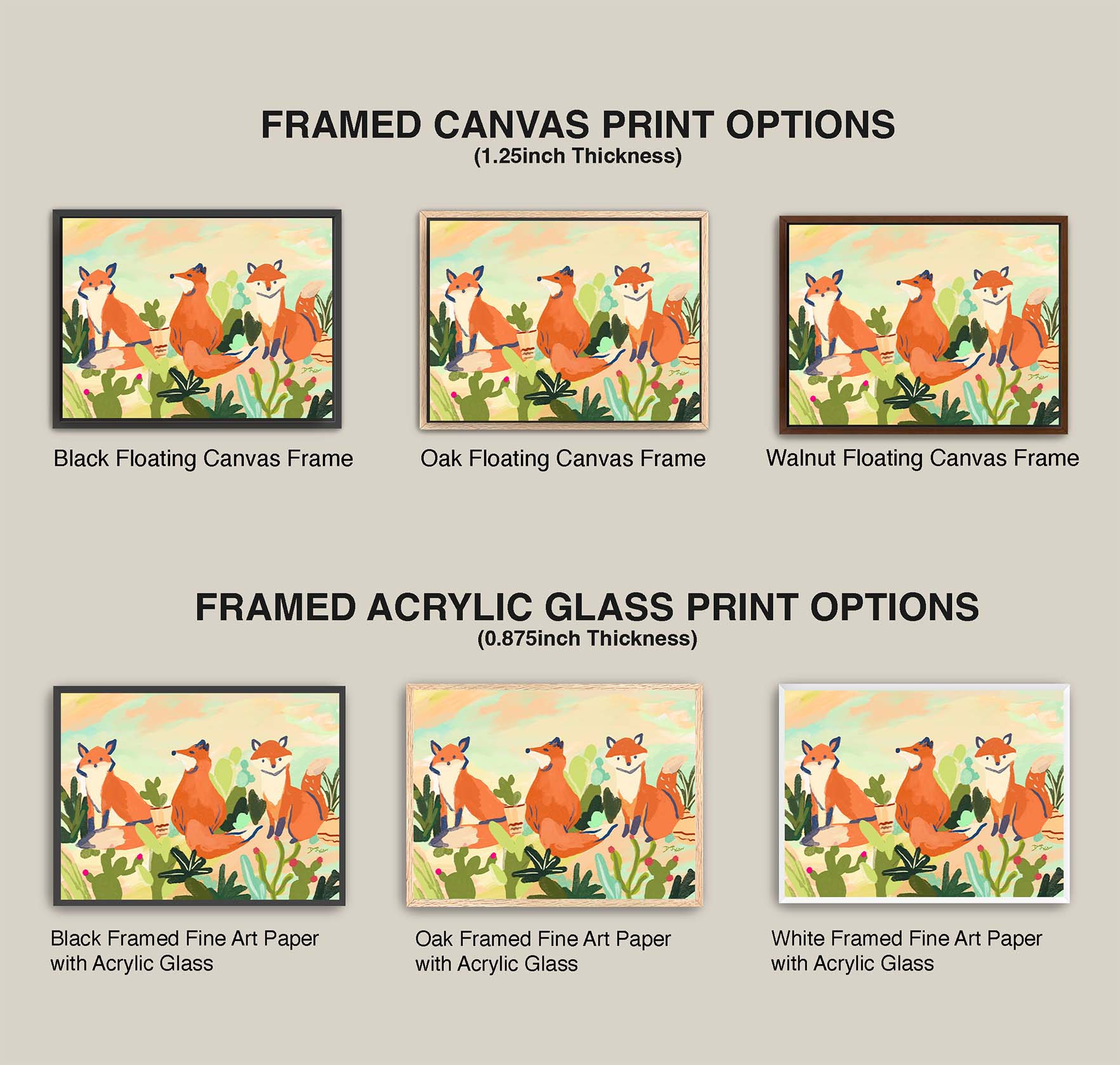 Comparison of framed canvas and acrylic glass print options with fox illustrations.