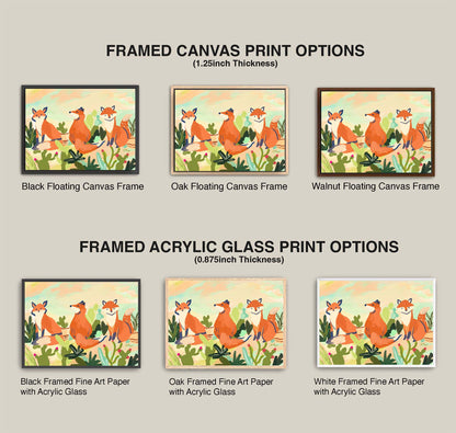 Comparison of framed canvas and acrylic glass print options with fox illustrations.