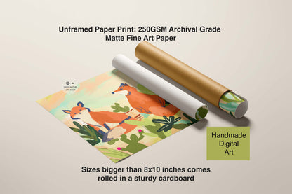 Unframed paper print with a colorful design of foxes and plants, rolled in cardboard on a beige background.