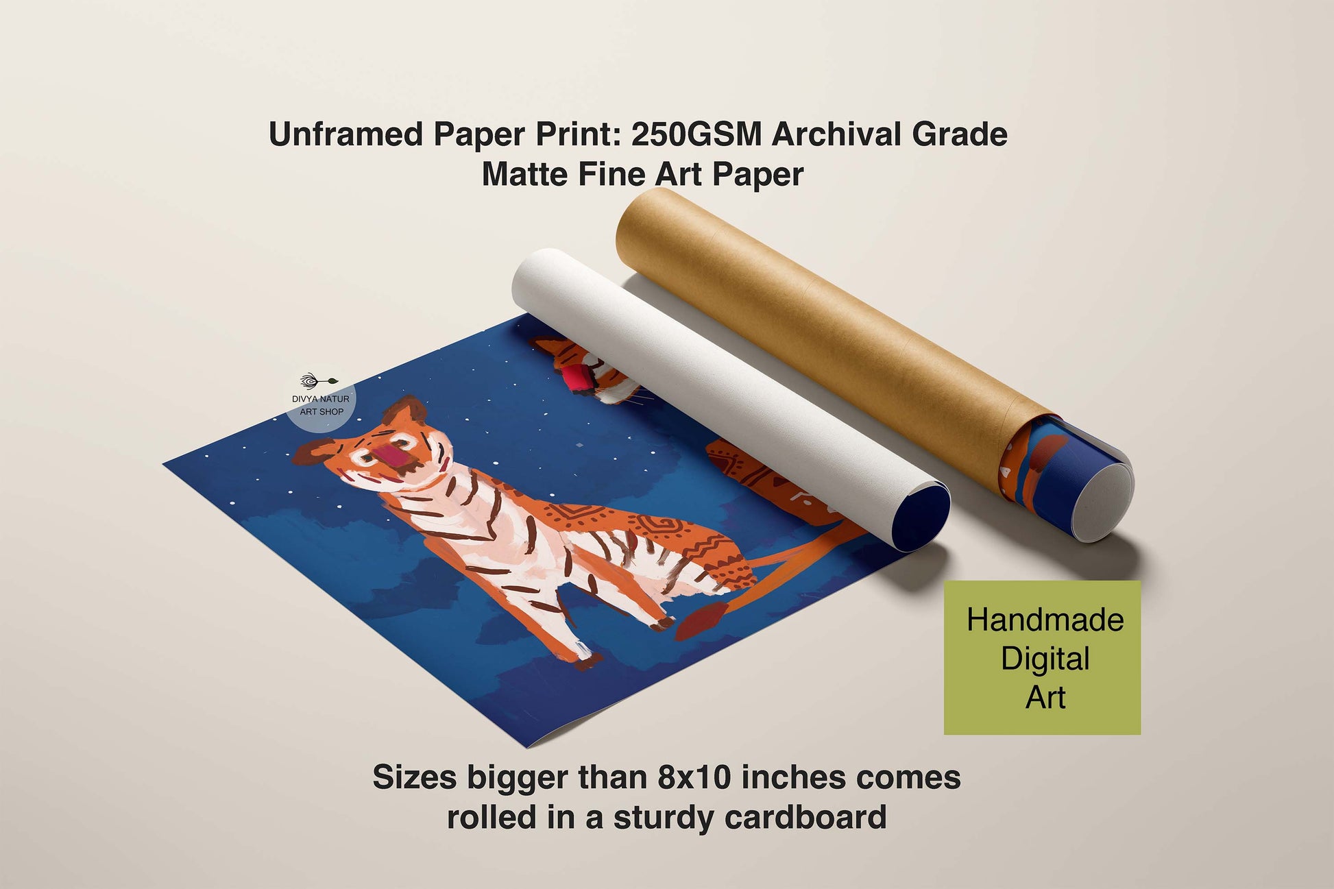 Unframed paper print with a tiger design, rolled in cardboard on a beige background