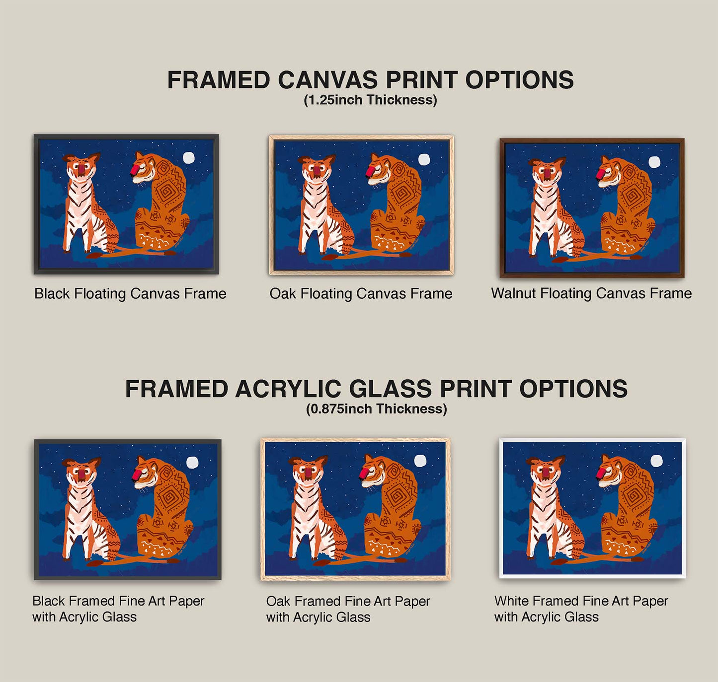 Comparison of framed canvas and acrylic glass print options with tigers on a blue background.