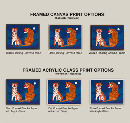 Comparison of framed canvas and acrylic glass print options with tigers on a blue background.