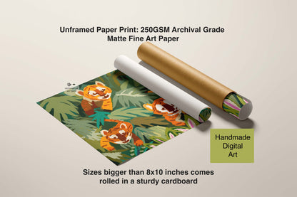 Unframed paper print with tigers and leaves on a beige background, featuring text about paper quality and dimensions.