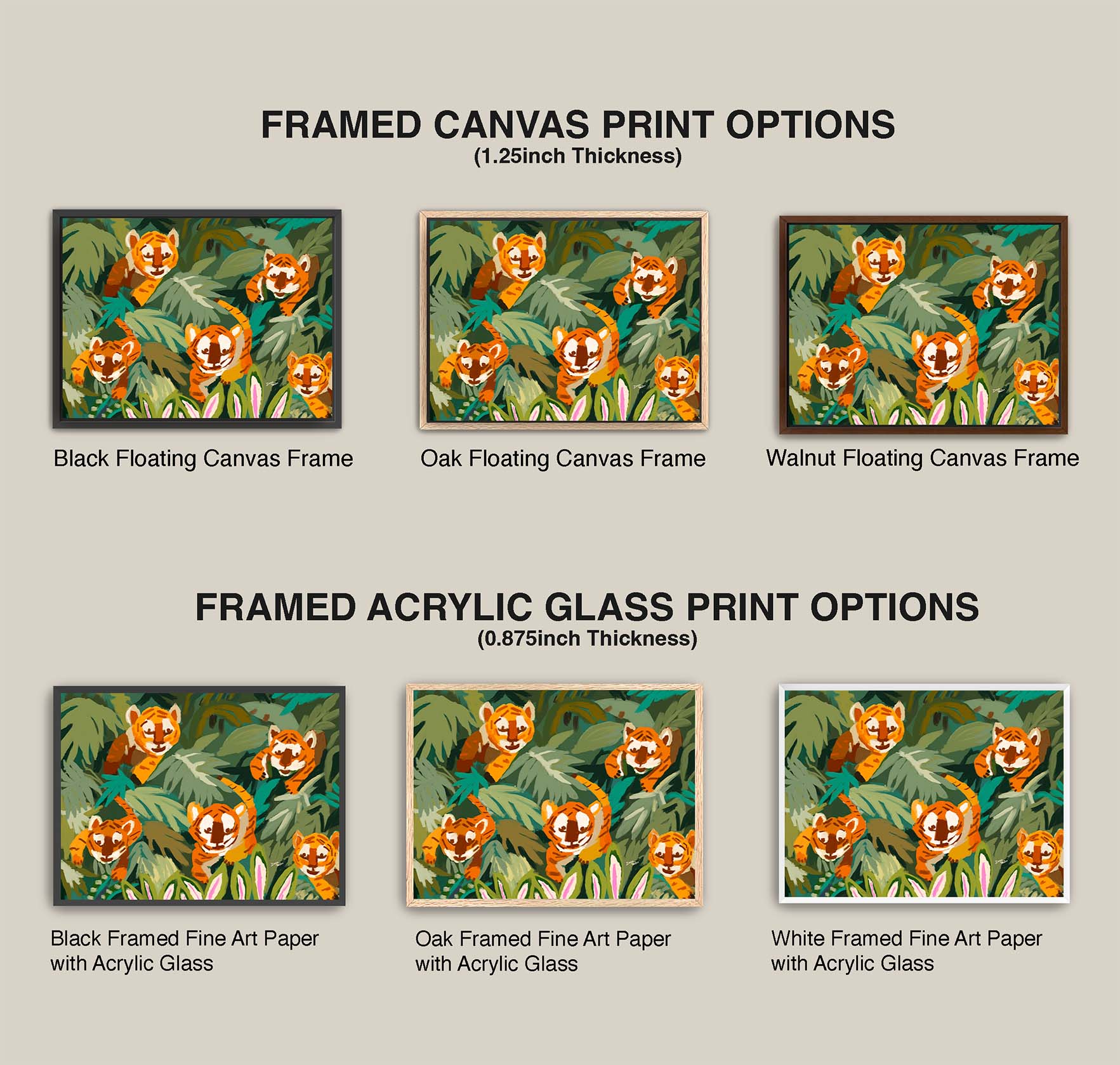 Comparison of framed canvas and acrylic glass print options with different frames on a beige background.