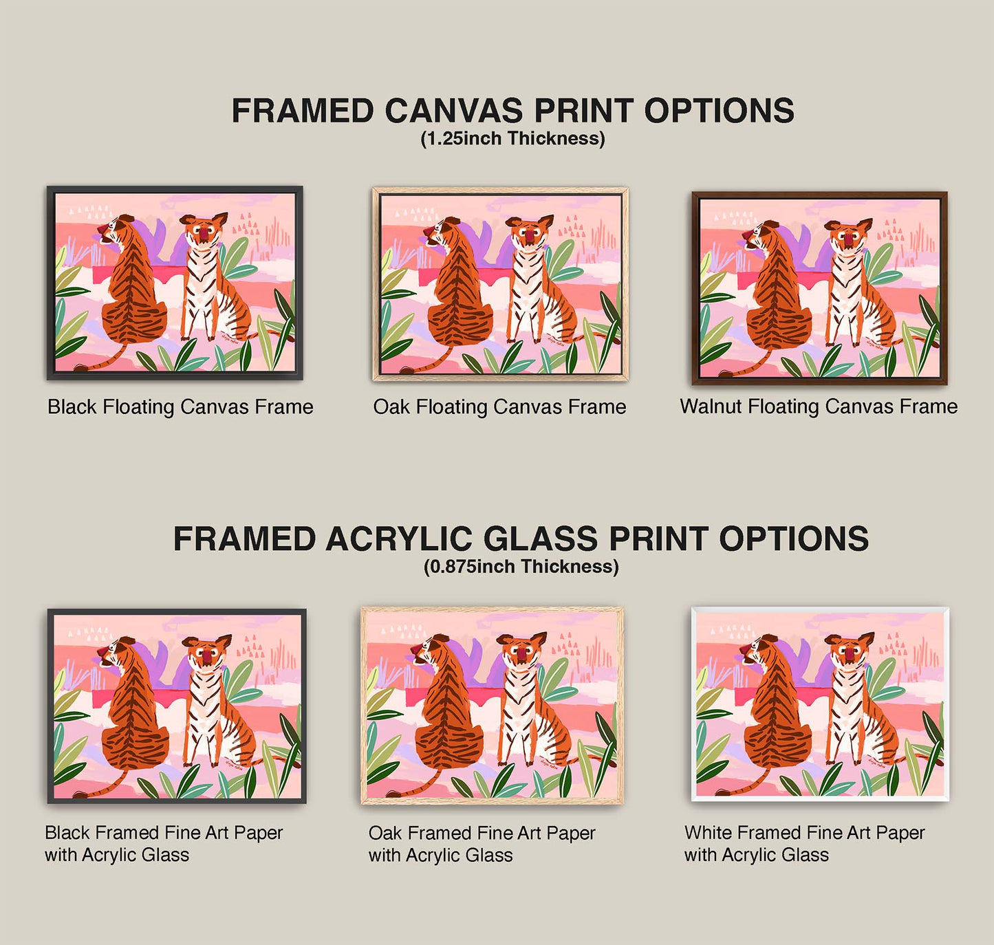 Comparison of framed canvas and acrylic glass print options with a tiger design on a light gray background.