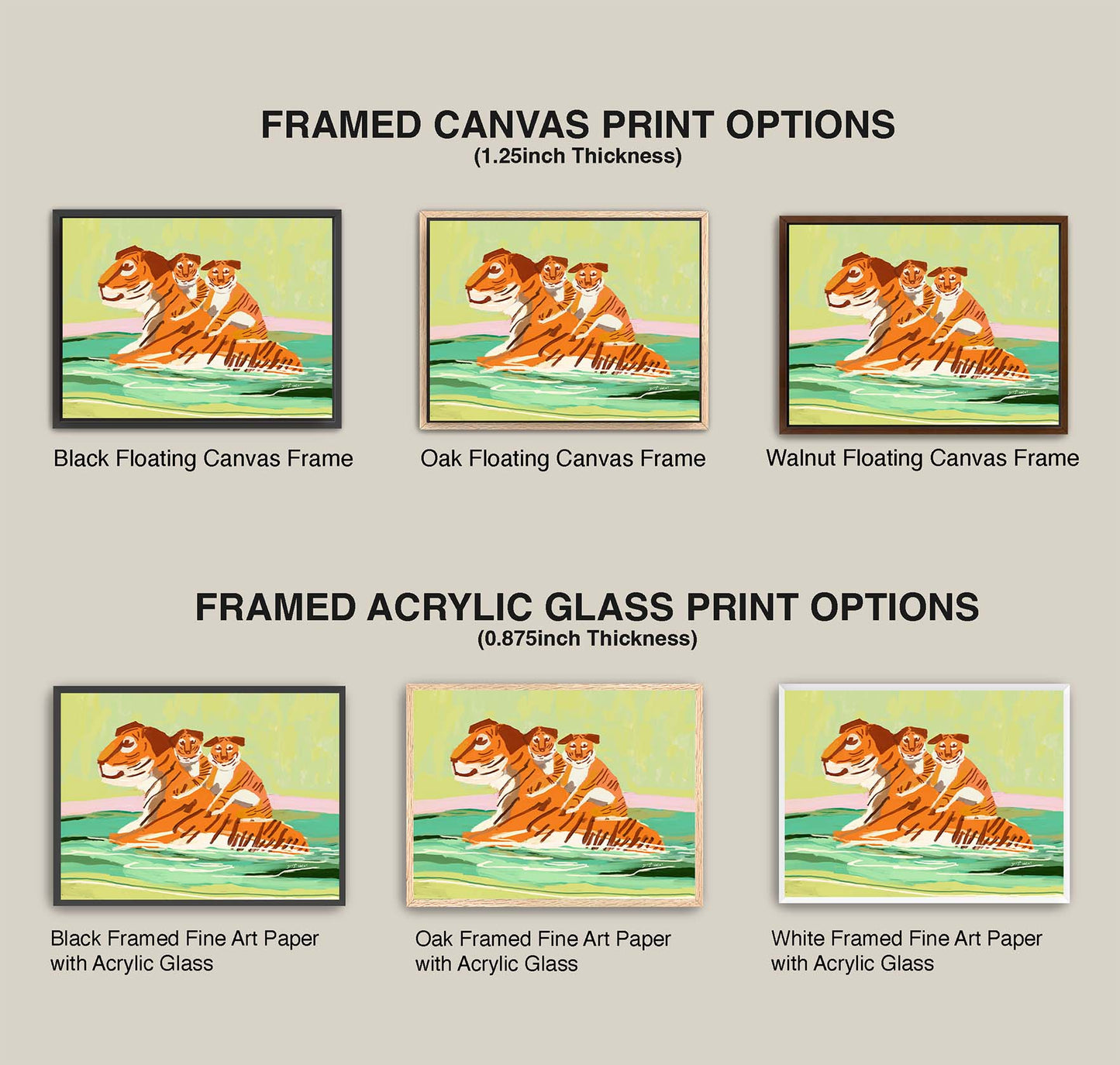 Comparison of framed canvas and acrylic glass print options on a gray background