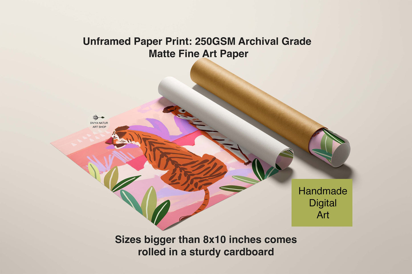 Unframed paper print with a tiger design, rolled in cardboard on a beige background