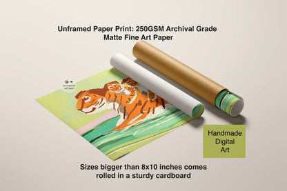 Unframed paper print with a tiger illustration on a beige background