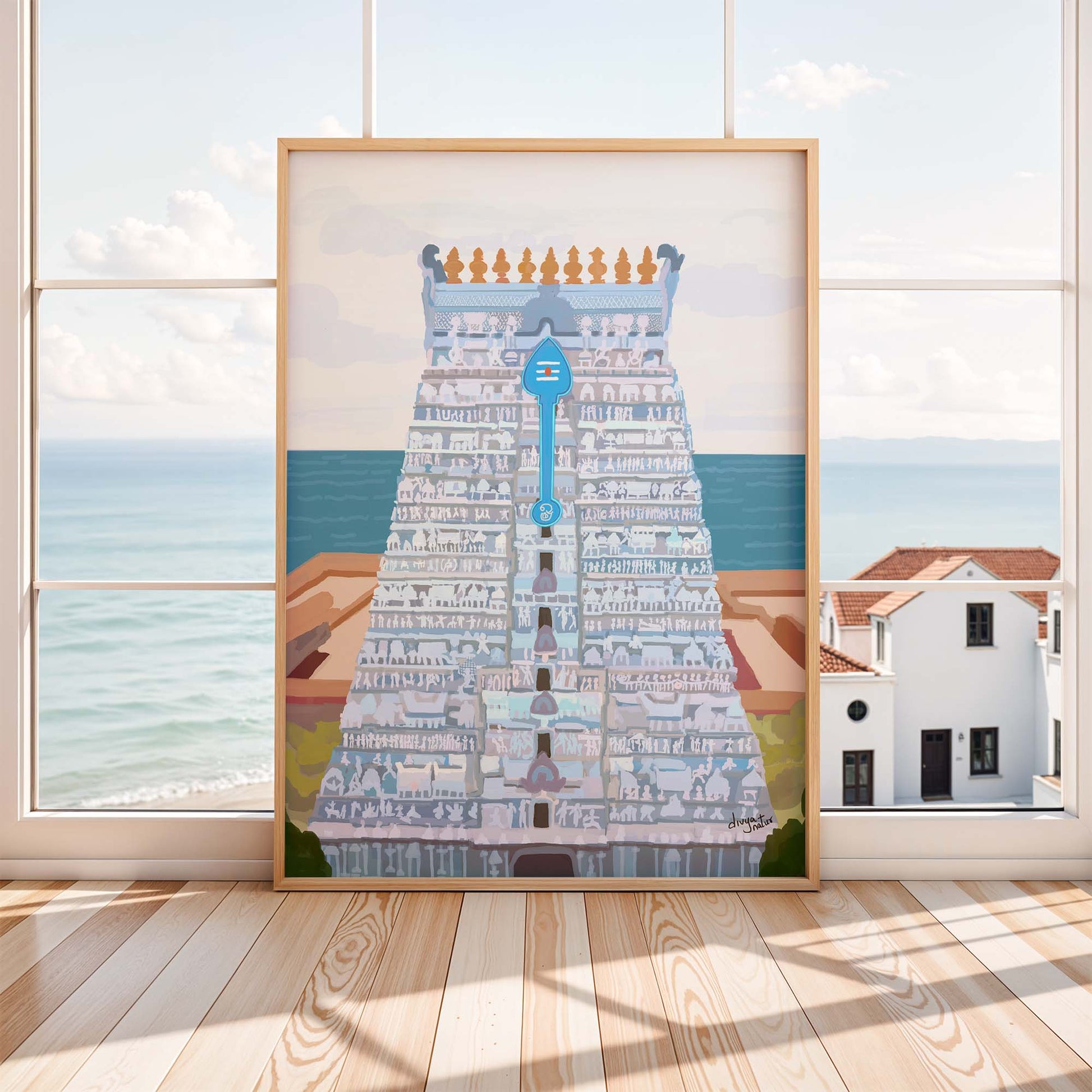 South Indian Hindu temple wall art of Tiruchendur Murugan in calming blue tones