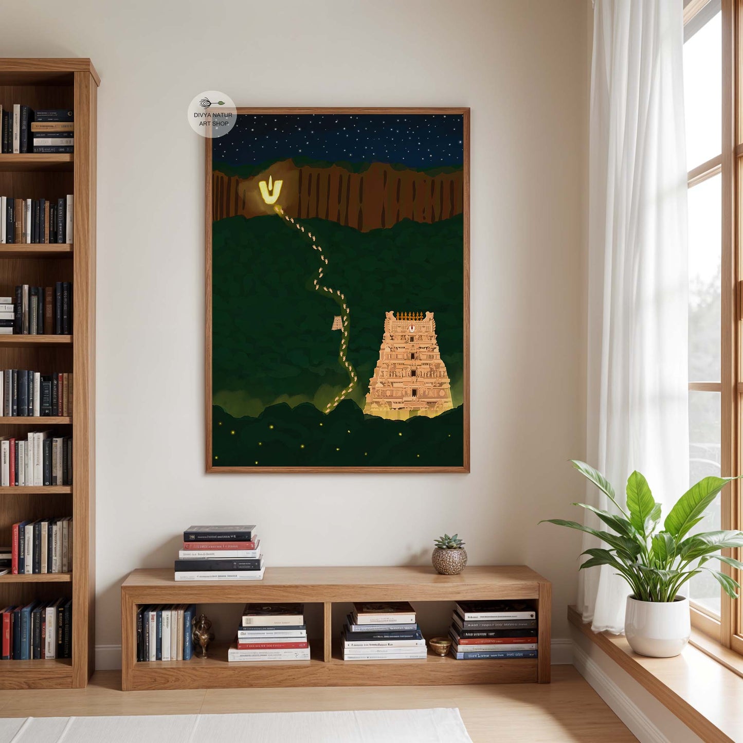 Tirumala hills night scene showing glowing Lord Venkateswara temple under stars