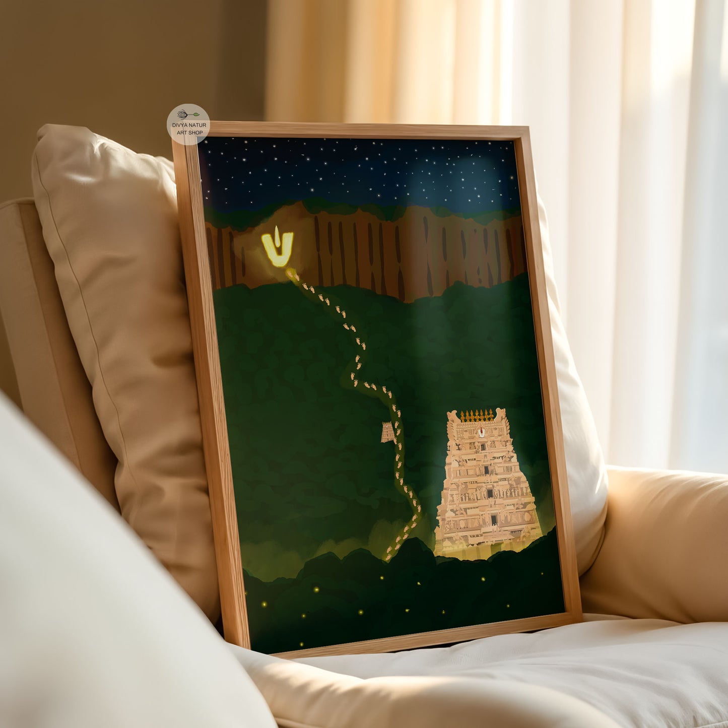 Tirupati temple night art scene with starry sky and glowing pilgrimage route