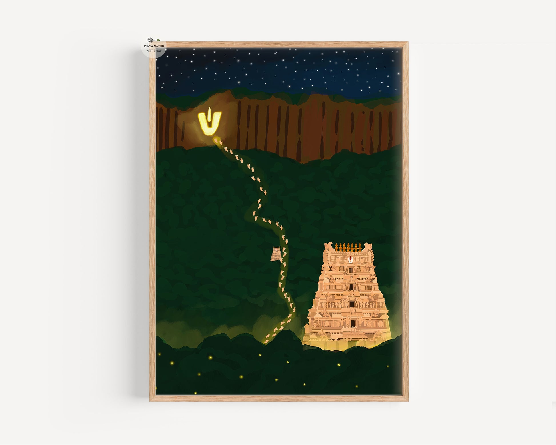 Tirupati Balaji temple at night with illuminated gopuram and winding pilgrim pathway