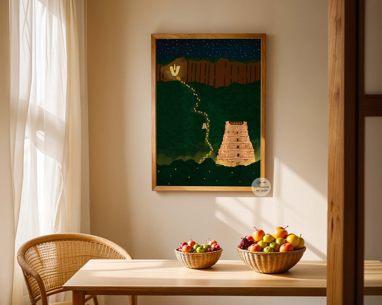 South Indian temple night view showing Tirumala hills and illuminated shrine