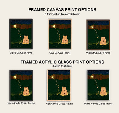 Sacred Tirumala temple night setting with lit gopuram and pilgrim footpath