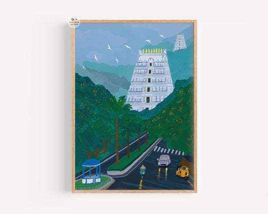Hand-illustrated Tirupati Balaji Temple art print with lush green hills