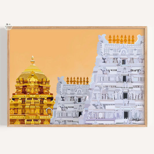 irupathi Temple art print with golden Vimana and South Indian gopuram wall decor
