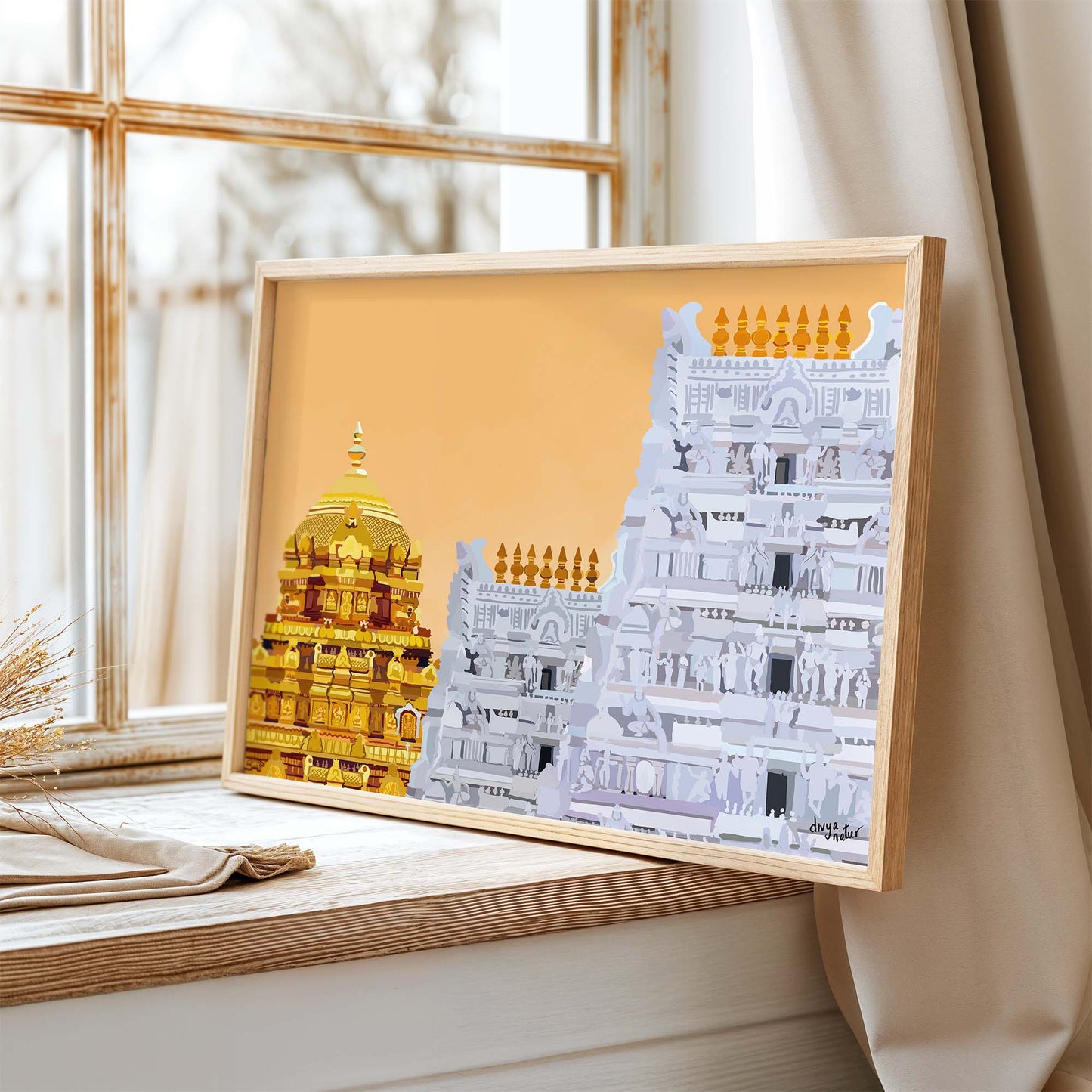 Tirupati temple fine art print, perfect for Navratri Golu backdrop and puja room décor