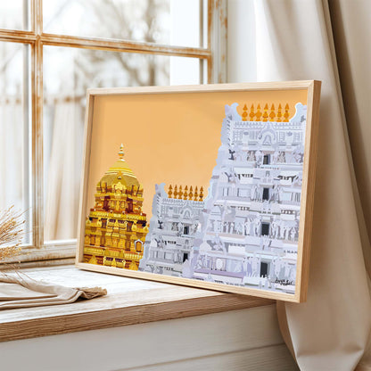 Tirupati temple fine art print, perfect for Navratri Golu backdrop and puja room décor