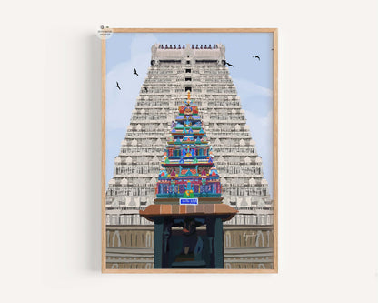 Tiruvannamalai temple gopuram art print with colorful inner tower and serene sky background view
