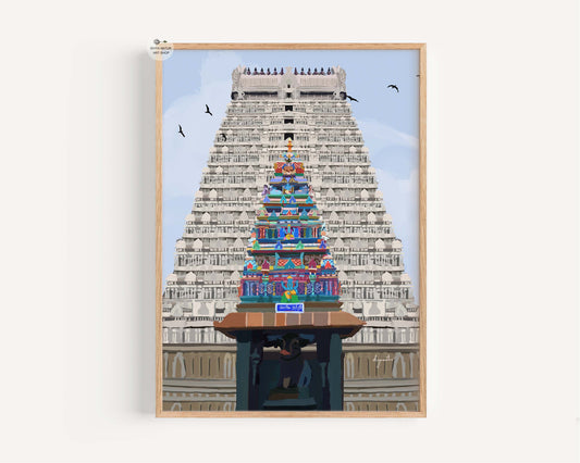 Tiruvannamalai temple gopuram art print with colorful inner tower and serene sky background view