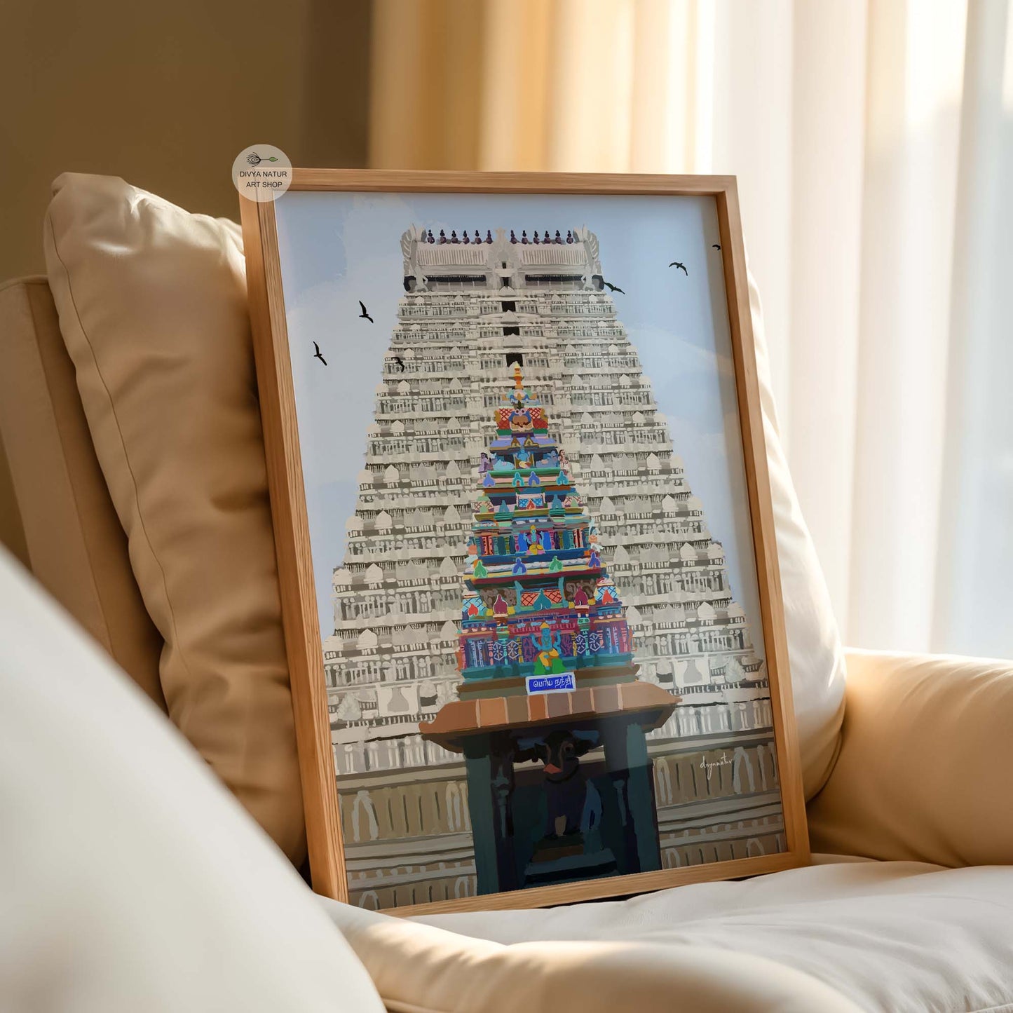 Cultural Indian decor print featuring Tiruvannamalai temple tower and peaceful sky setting
