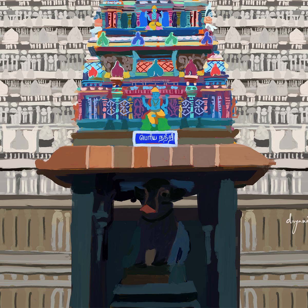 South Indian temple gopuram artwork with muted tones and colorful sacred inner structure
