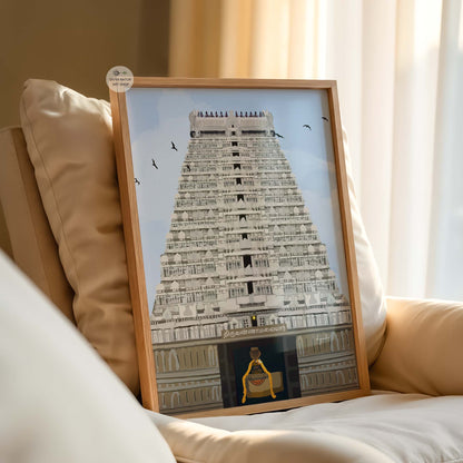 Peaceful prayer room art print of Thiruvannamalai temple with elegant muted temple tones