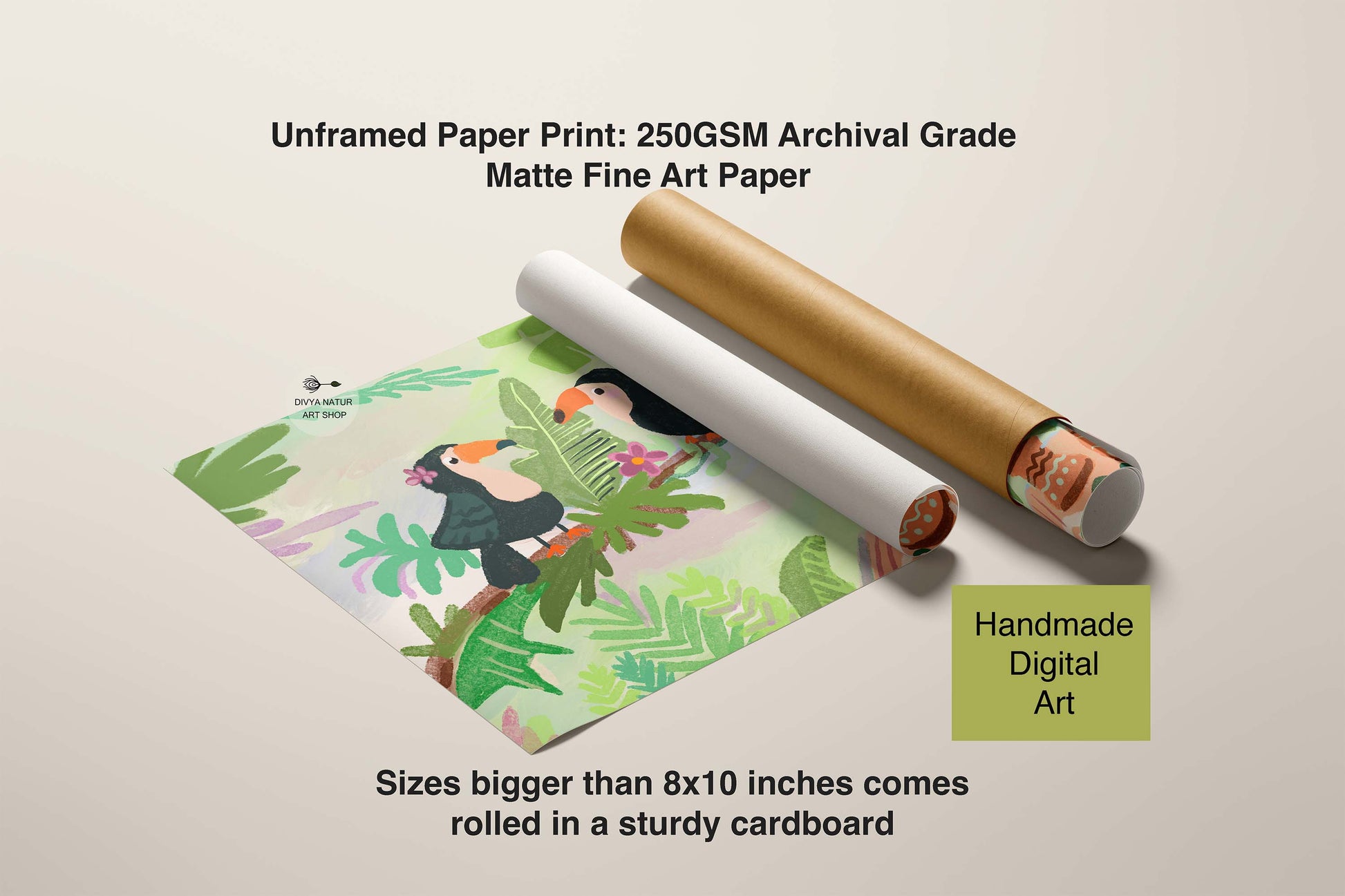 Unframed paper print with toucan design, rolled in a cardboard tube on a beige background.