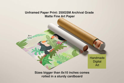 Unframed paper print with toucan design, rolled in a cardboard tube on a beige background.