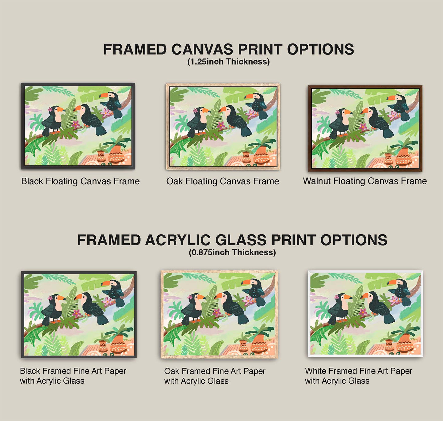 Comparison of framed canvas and acrylic glass print options on a gray background
