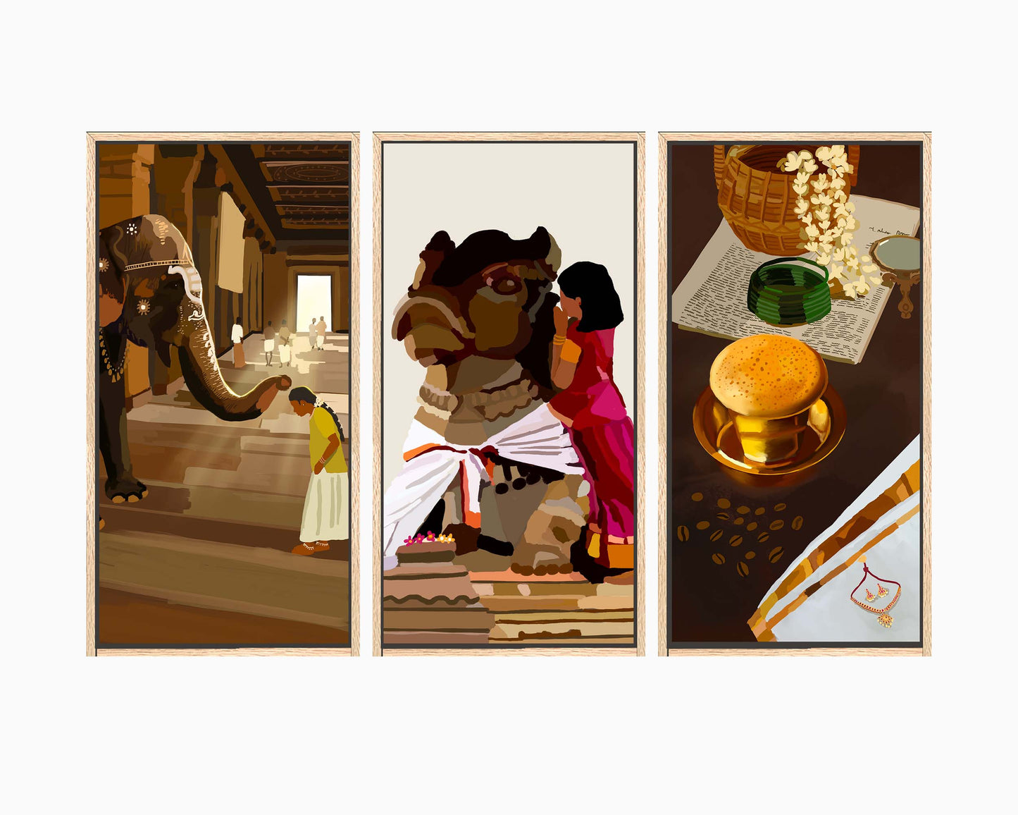 Triptych Indian cultural framed wall art set displayed in modern living room