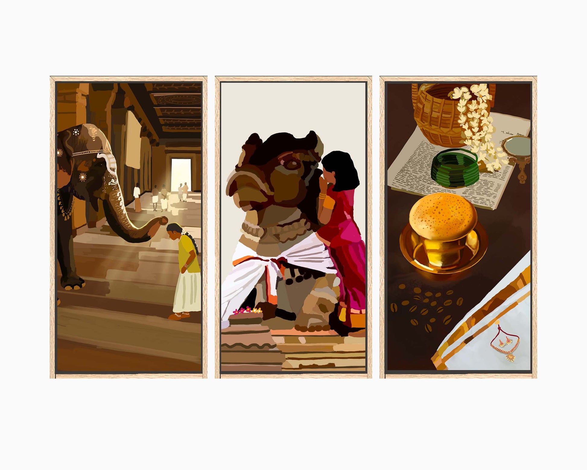 Triptych Indian cultural framed wall art set displayed in modern living room