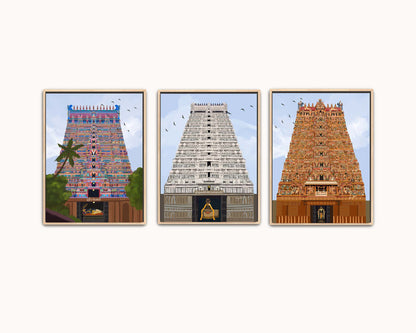 Set of three South Indian temple gopuram giclée art prints showing Srirangam, Thiruvannamalai, and Madurai temples side by side, each with the presiding deity visible in the sanctum