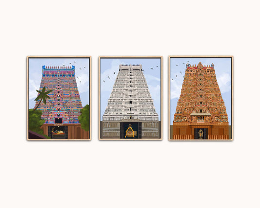 Set of three South Indian temple gopuram giclée art prints showing Srirangam, Thiruvannamalai, and Madurai temples side by side, each with the presiding deity visible in the sanctum