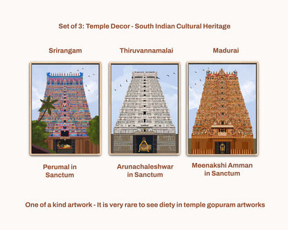 Srirangam Rajagopuram art print in pink, blue, teal, and gold with Ranganathar reclining in the sanctum, part of a Tamil Nadu temple triptych set