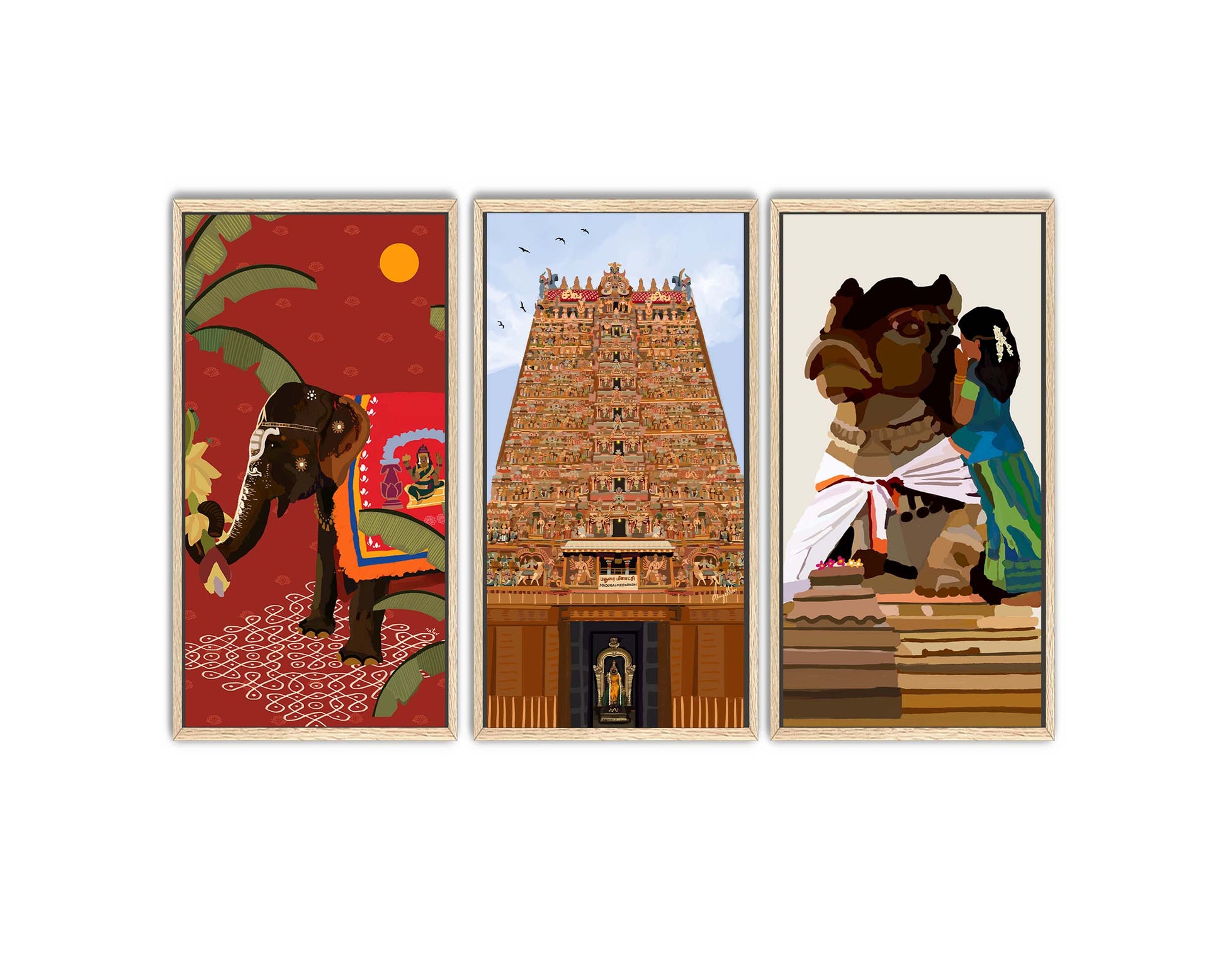 Madurai Meenakshi temple triptych featuring sanctum art, temple elephant, and Nandi in a floating frame.