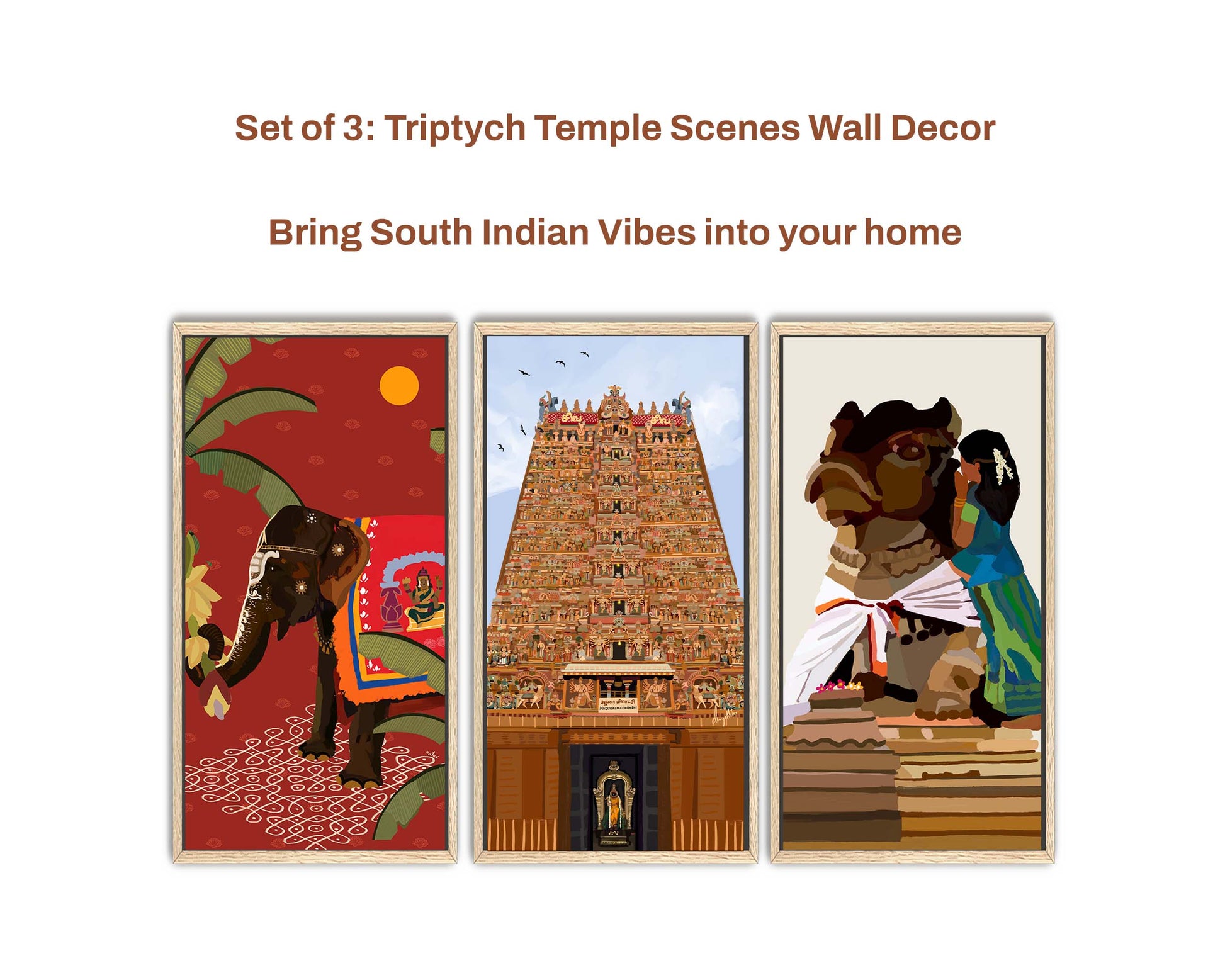 Temple elephant on kolam patterns, Madurai gopuram and divine Nandi in a heritage triptych.