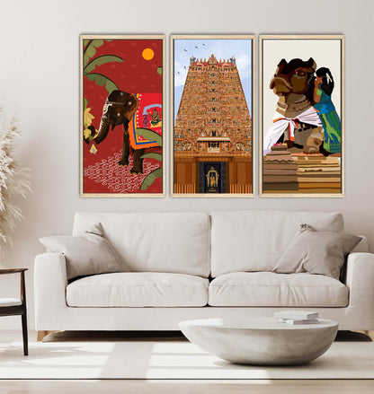 Madurai Meenakshi temple triptych featuring sanctum art, temple elephant, and Nandi in a floating frame.