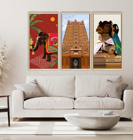 Madurai Meenakshi temple triptych featuring sanctum art, temple elephant, and Nandi in a floating frame.