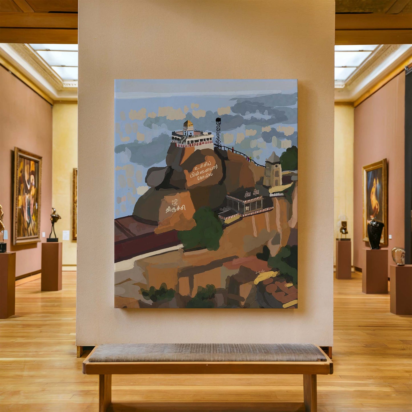 Ucchi Pillayar Kovil wall art featuring the hilltop temple and rocky landscape of Tiruchirappalli