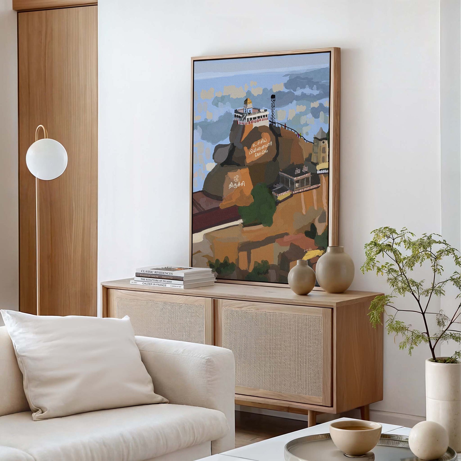 South Indian temple wall decor showing hand illustrated Ucchi Pillayar Kovil in Tiruchirappalli