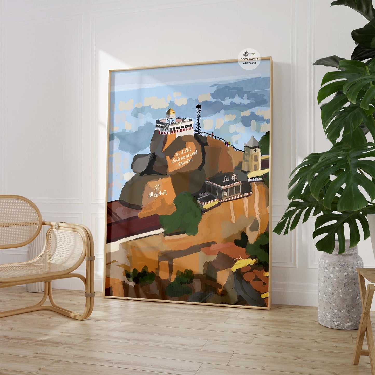 Spiritual Tamil wall art featuring Ucchi Pillayar temple perched beautifully on the Rockfort hill