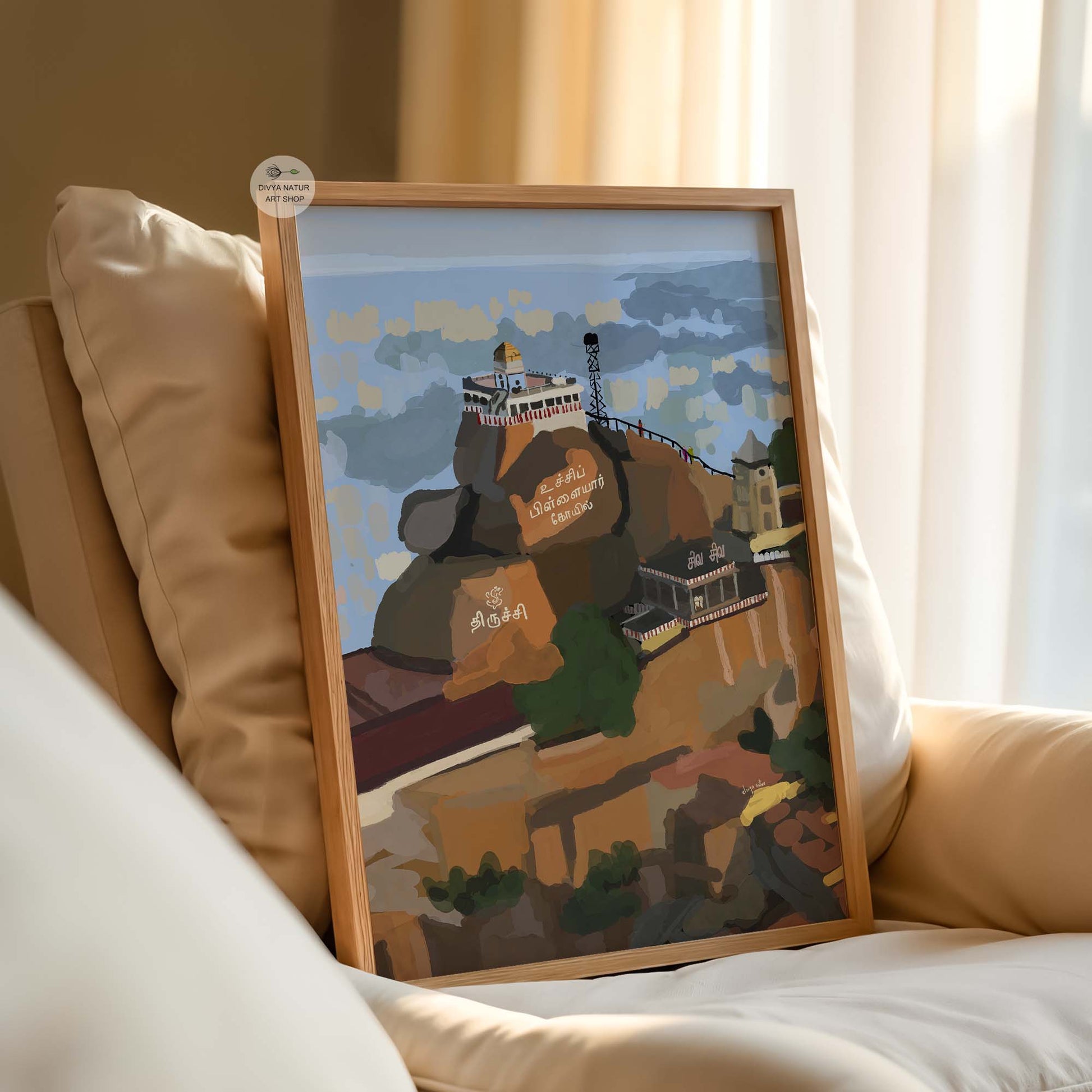 Indian temple art print of Ucchi Pillayar Kovil with warm earthy tones and a serene sky backdrop